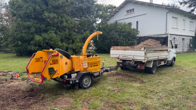 Broyage des branches et revalorisation en paillage par LAFONT ESPACES VERTS après abattage d’un sapin à Saint-Gaudens