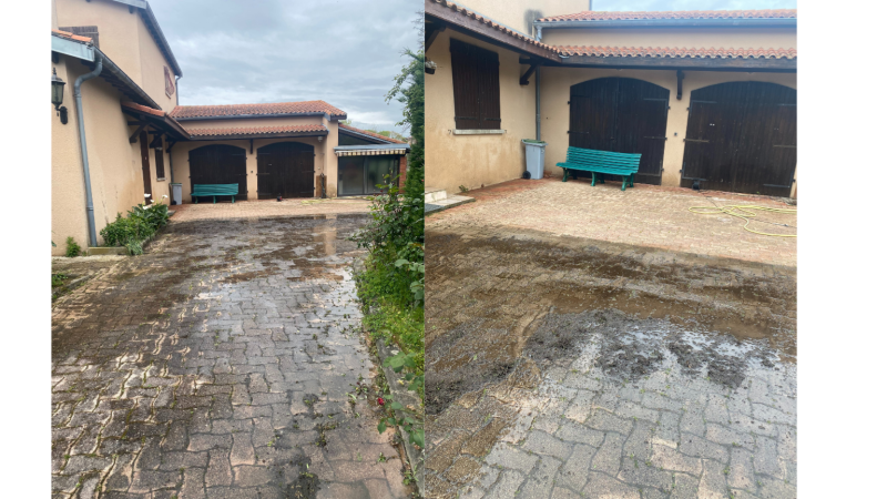 Nettoyage haute pression d’une allée et cour en pavés noircis à Tarbes 